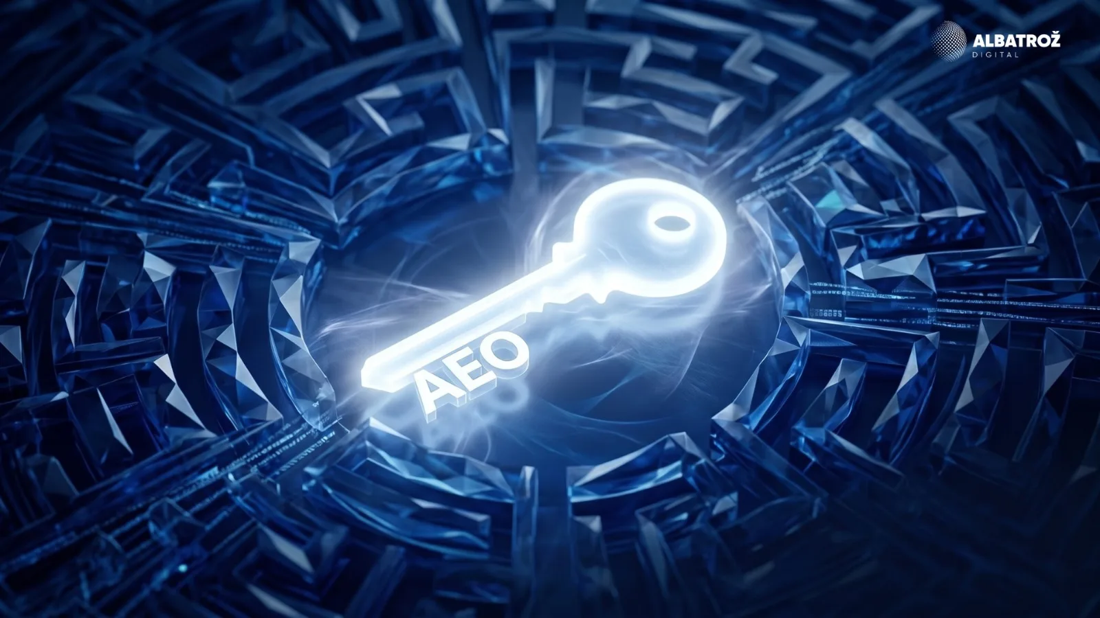 A glowing key labelled AEO at the centre of a dense maze